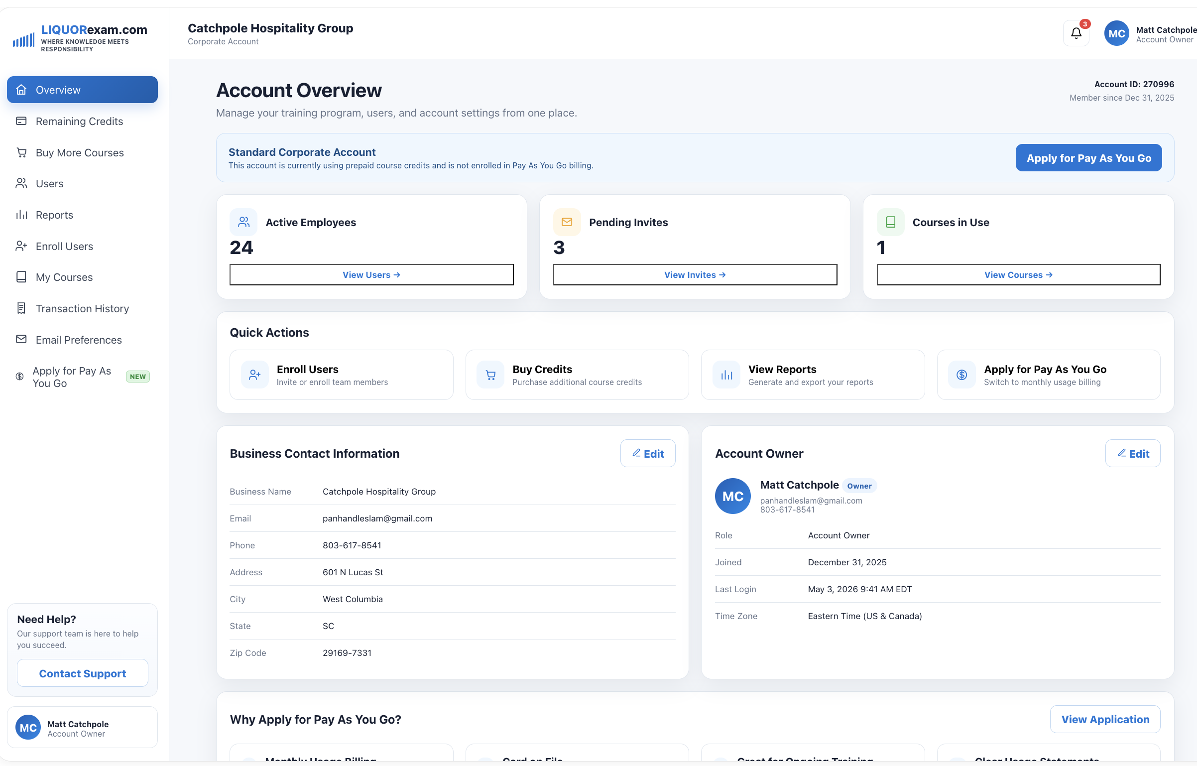 Corporate account dashboard