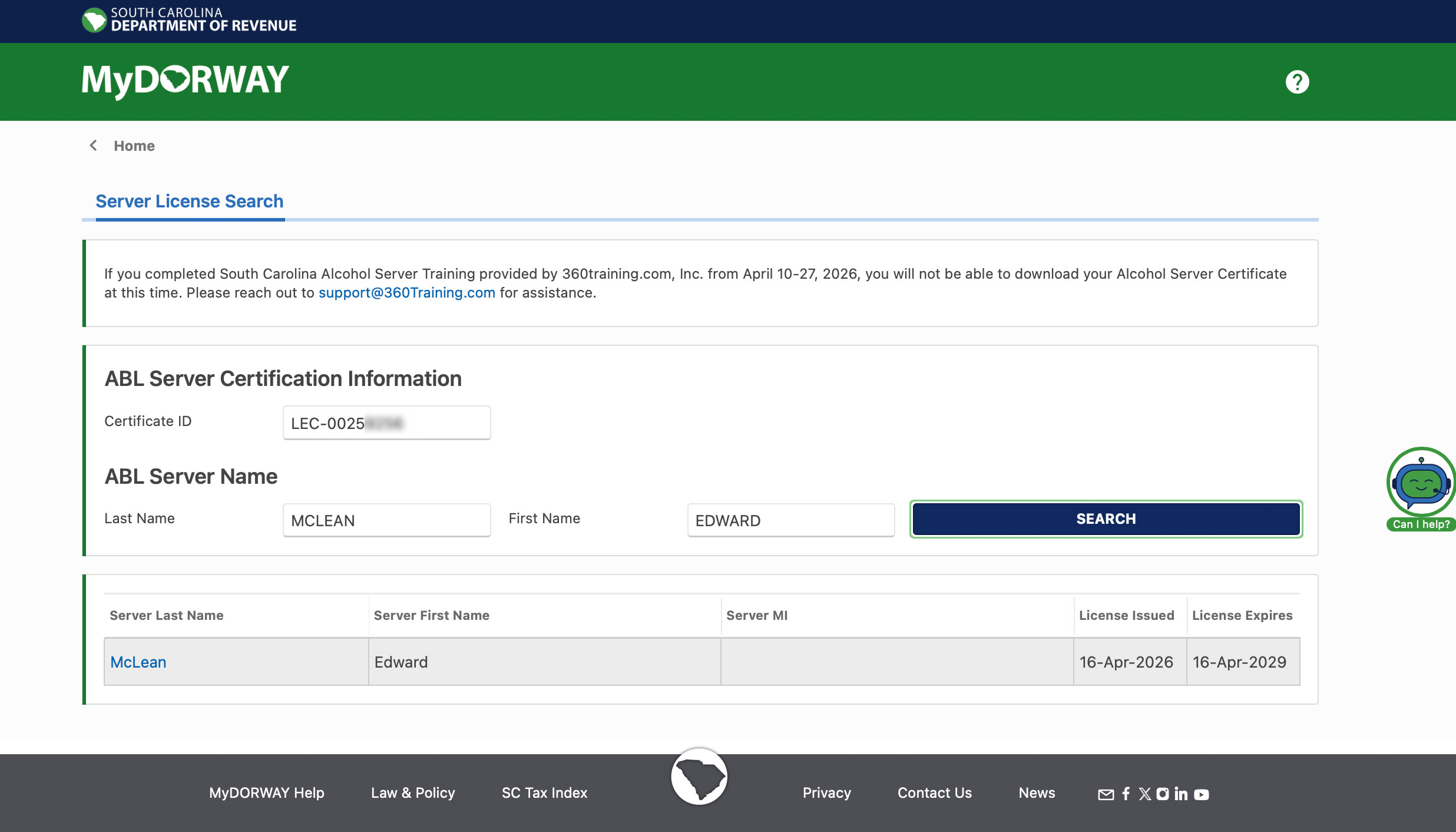 Completed South Carolina Alcohol Certificate Search