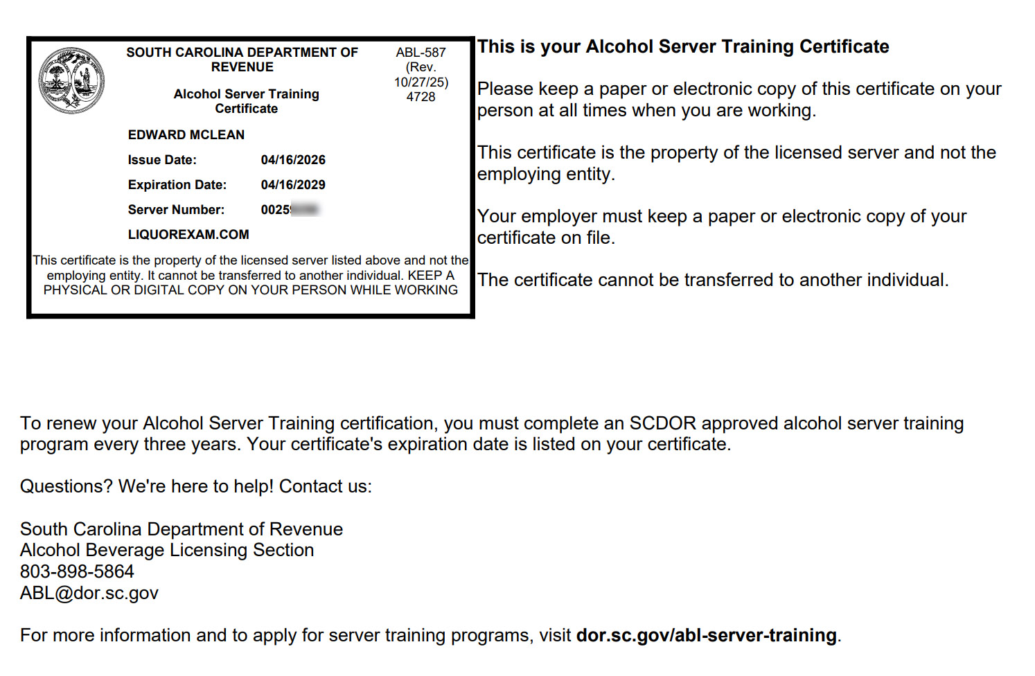 Official South Carolina Alcohol Server Permit
