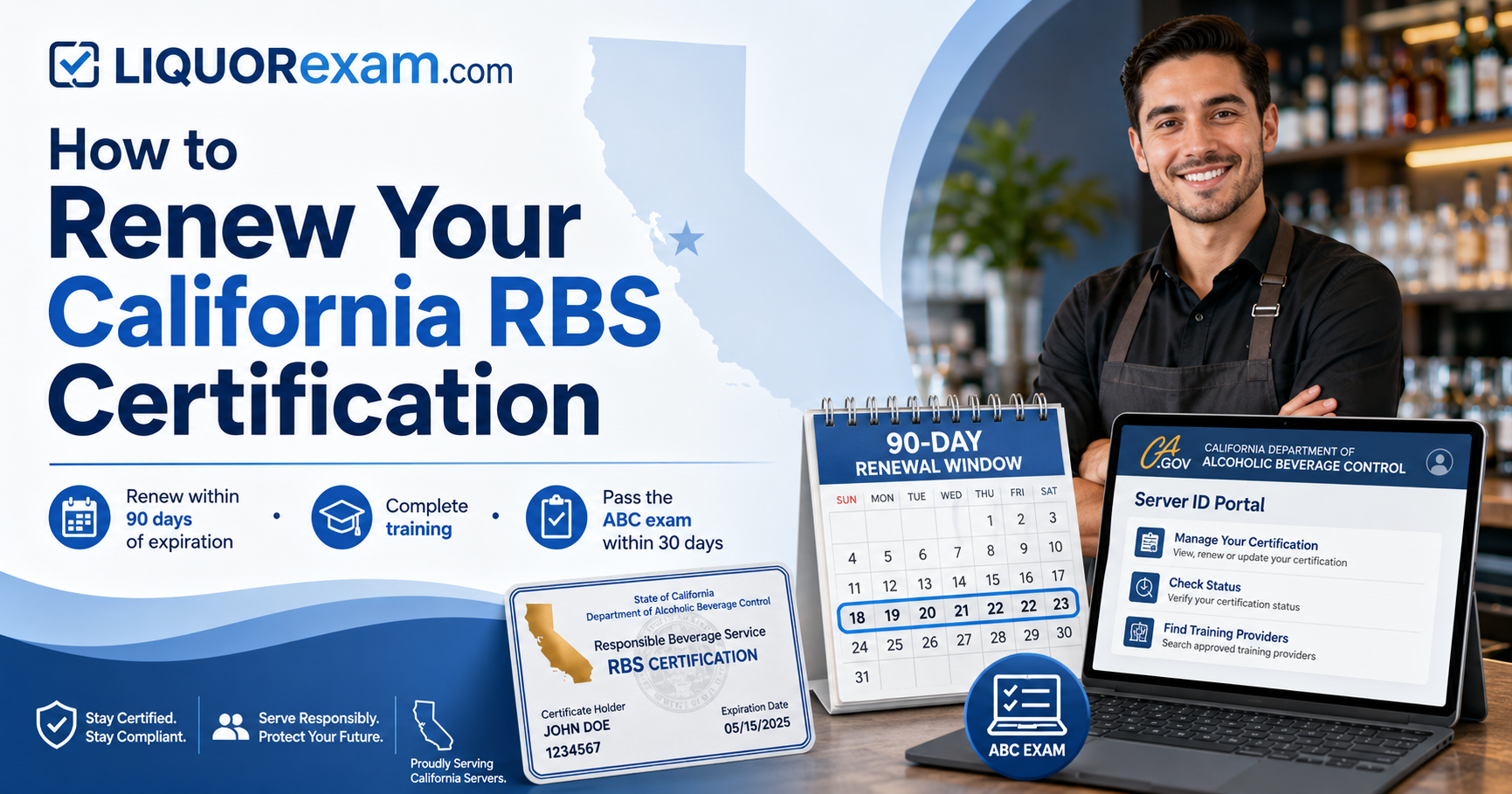 How to renew your California RBS certification, including the 90-day renewal window, required training, and ABC exam deadline