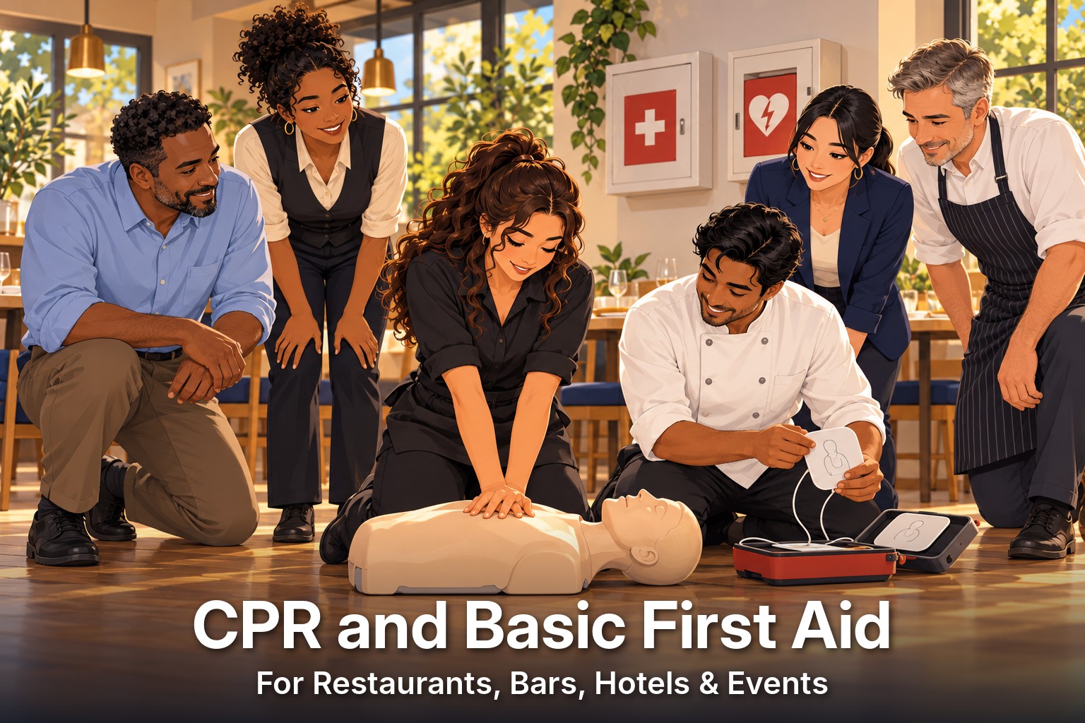 A hospitality team practices CPR on a training manikin while a cook opens an AED in a restaurant dining room.